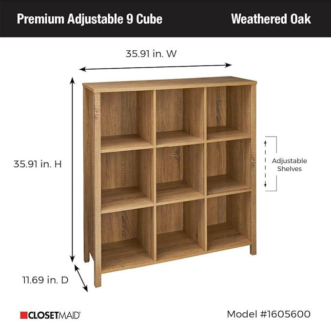 ClosetMaid 9-Cube Premium Adjustable Storage Organizer, Weathered Oak - Image 3
