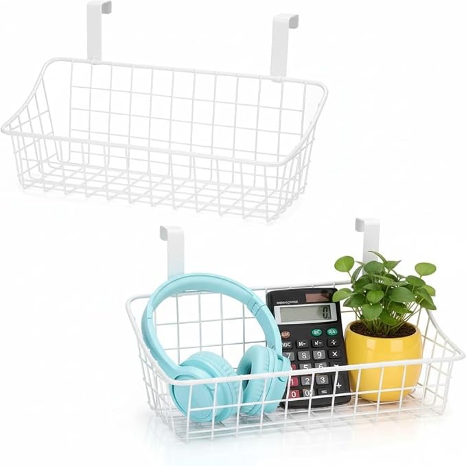 LeleCAT White Basket with hook Grid Storage Basket, Hang it behind a door or on by LeleCAT