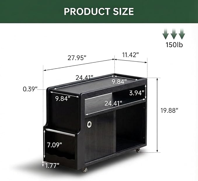 Side Table with Storage, Solid Wood Rolling End Table - Image 2