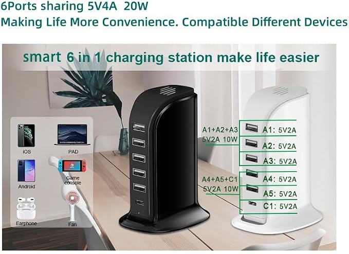USB Charging Station for Multiple Devices, USB-C Port Supports PD Quick Charge - Image 7