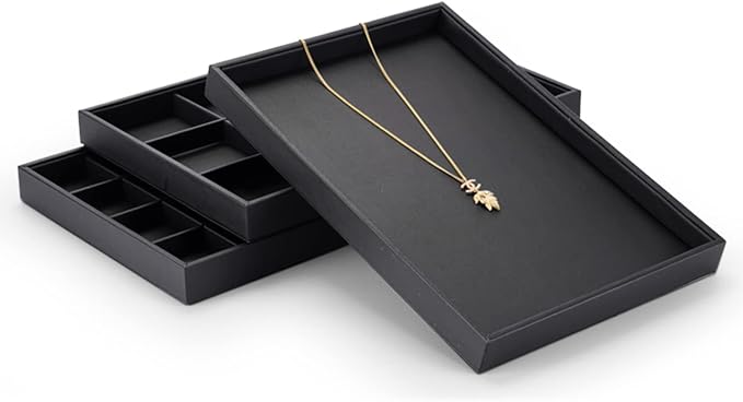 Black PU Leather Jewelry Display Flat Tray Ring Necklace Watch Organizer - Image 4