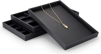 Black PU Leather Jewelry Display Flat Tray Ring Necklace Watch Organizer - Image 4
