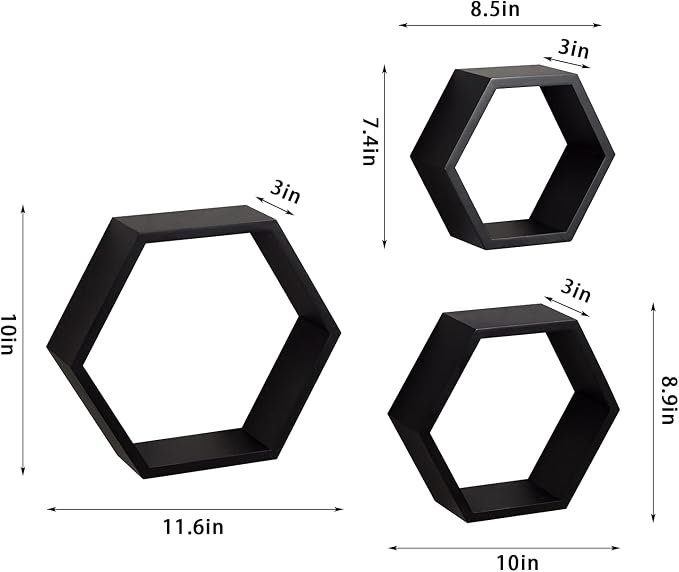 ROSE BLOOM Set of 3 Black Wood Hexagon Shelves - Image 3