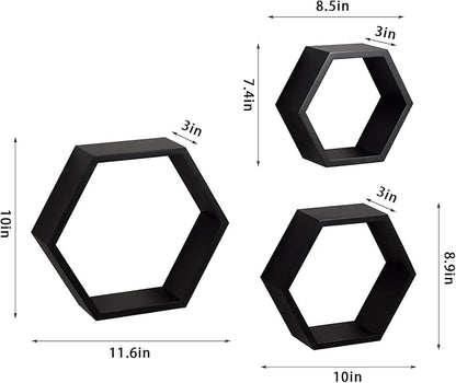 ROSE BLOOM Set of 3 Black Wood Hexagon Shelves - Image 3