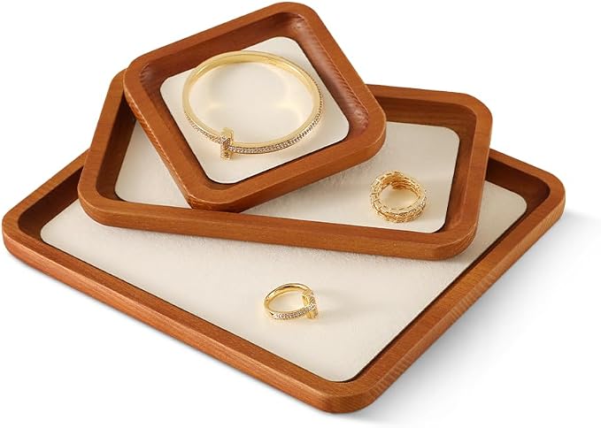 Wooden Jewelry Display Tray Rounded Rectangle Ring Showcase Stackable Elegant - Image 2