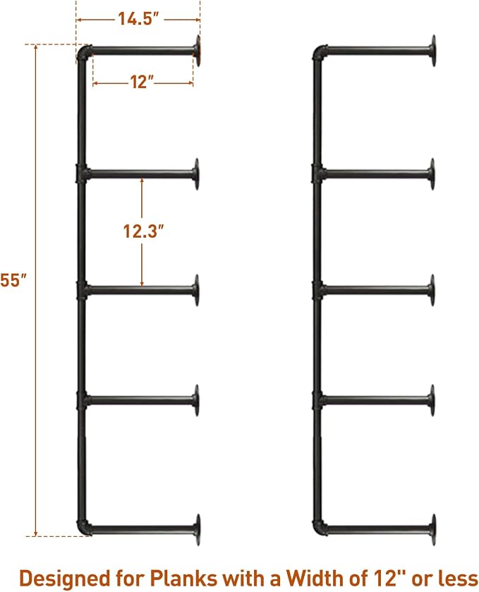 HITOMEN Industrial Iron Pipe Shelves, 2 Set 5-Tier, DIY Open Bookshelf Bookcase - Image 3