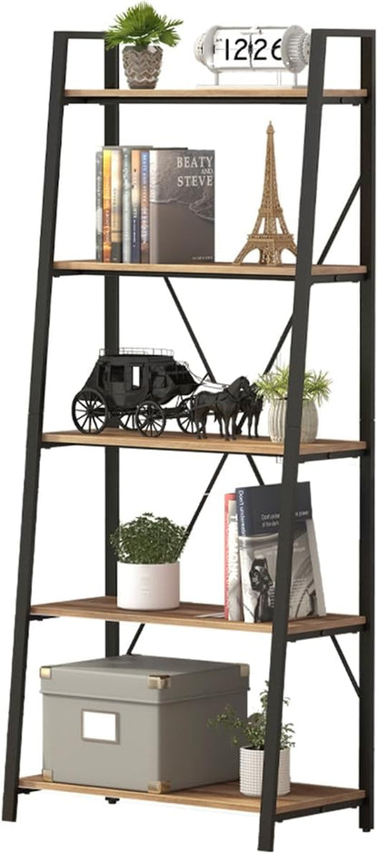 BON AUGURE Industrial 5 Tier Ladder Bookshelf, Wood and Metal Ladder Shelf - Image 9