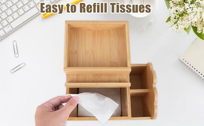 Tissue Box Cover with Storage Tray, Bamboo Multifunctional Square Tissue Holder - Image 3
