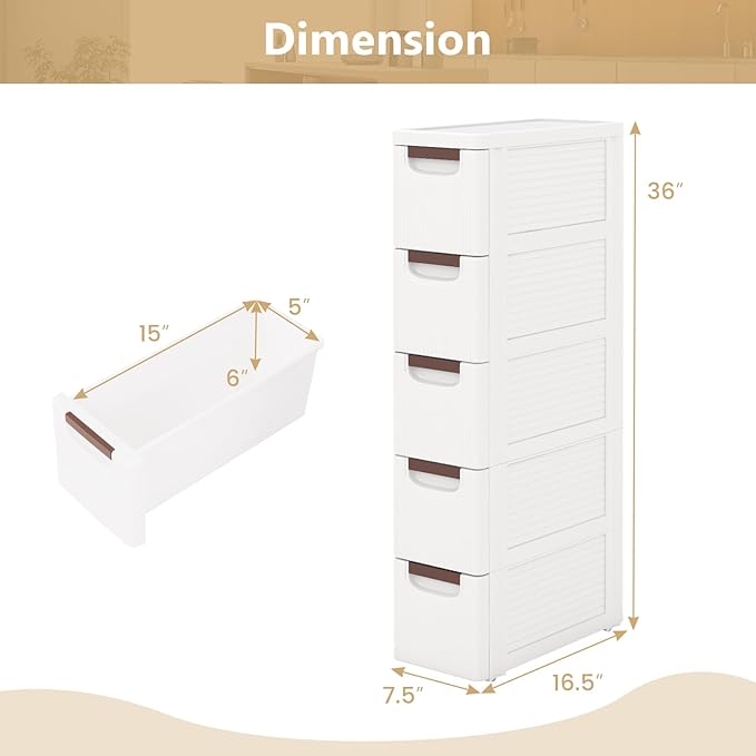 5-Drawer Narrow Storage Cabinet, Slim Rolling Cart | Mobile Plastic Cart - Image 3