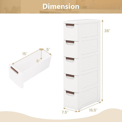 5-Drawer Narrow Storage Cabinet, Slim Rolling Cart | Mobile Plastic Cart - Image 3