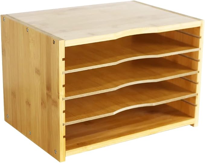 WKWKER File Organizer with 3 Adjustable Shelves Bamboo Document Letter Tray by WKWKER