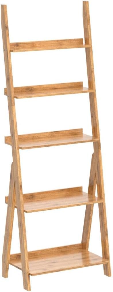 Maydear Bamboo Ladder Shelf Bookcase, 5-Tier Leaning Bookshelf Free Standing - Image 4