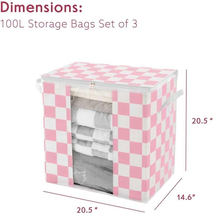 Pink Checkered Clothes Storage Bins, 100L Large Blanket Storage Bags 3 Pack - Image 2