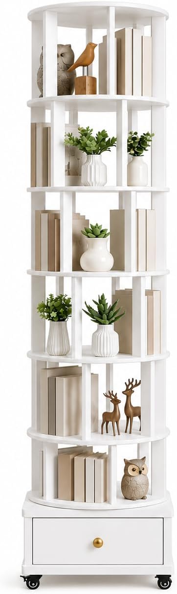 6 Tier Rotating Bookshelf with Drawer, 360° Round Spinning Bookshelf Tower with by Unknown