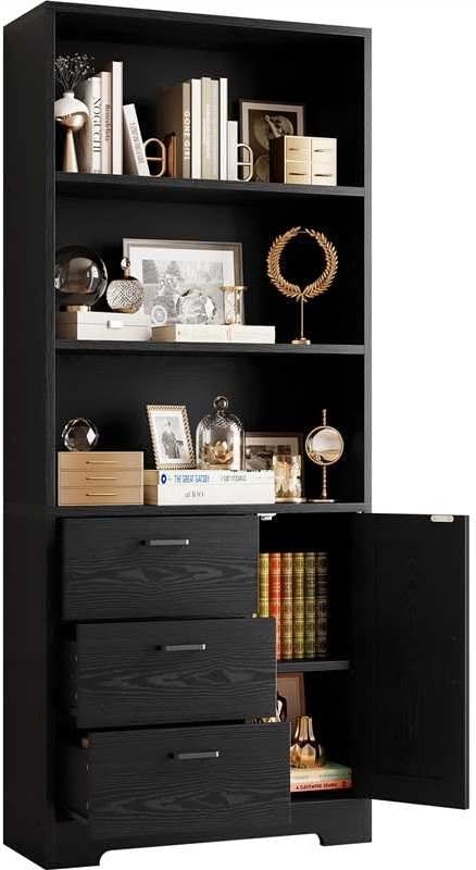 IRONCK Bookshelf with Door and 3 Drawers, 71in Tall Bookcase Shelf with 3-Tier by IRONCK