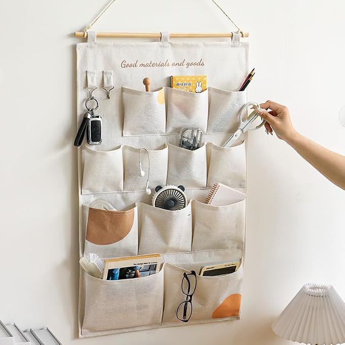 Wall Hanging Organizer with Pockets, Over Door Storage Organizer with Wooden Rod by Unknown