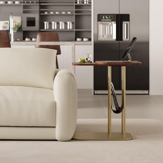 LOVEDIMA C-Shaped Walnut & Gold Rotating Side Table - Image 7