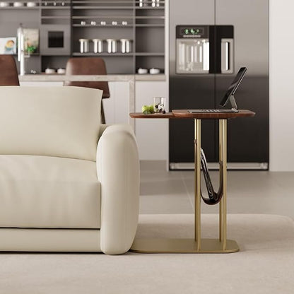 LOVEDIMA C-Shaped Walnut & Gold Rotating Side Table - Image 7