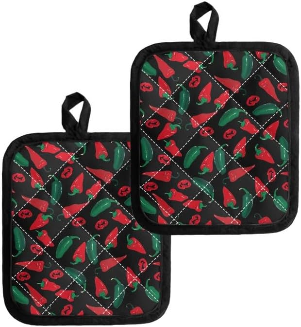 Red Chili Hot Pads Washable for Kitchens, Cartoon Hot Pepper 2 Set Heat by Jndtueit