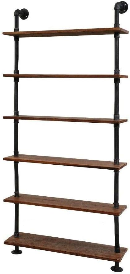 Industrial Pipe Bookshelf, 6 Layer Rustic Modern Wood Ladder Shelf - Image 9