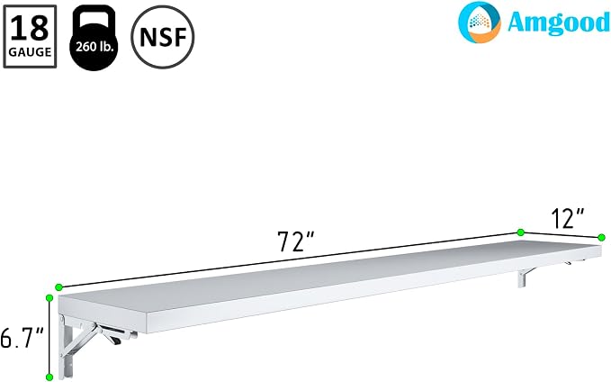 AmGood Stainless Steel Folding Wall Shelf 12 in. x 72 in. NSF | Concession Stand - Image 3