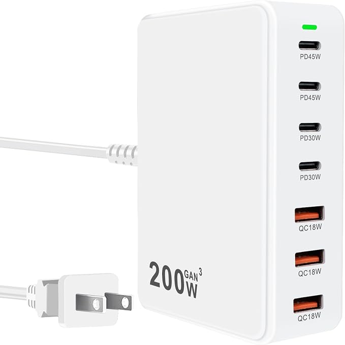 USB C Charger 200W USB C Charger Block, Upgraded GaN 7-Port Fast Charging by FRISATPOW