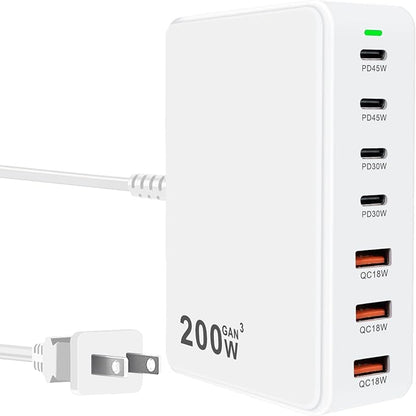 USB C Charger 200W USB C Charger Block, Upgraded GaN 7-Port Fast Charging by FRISATPOW