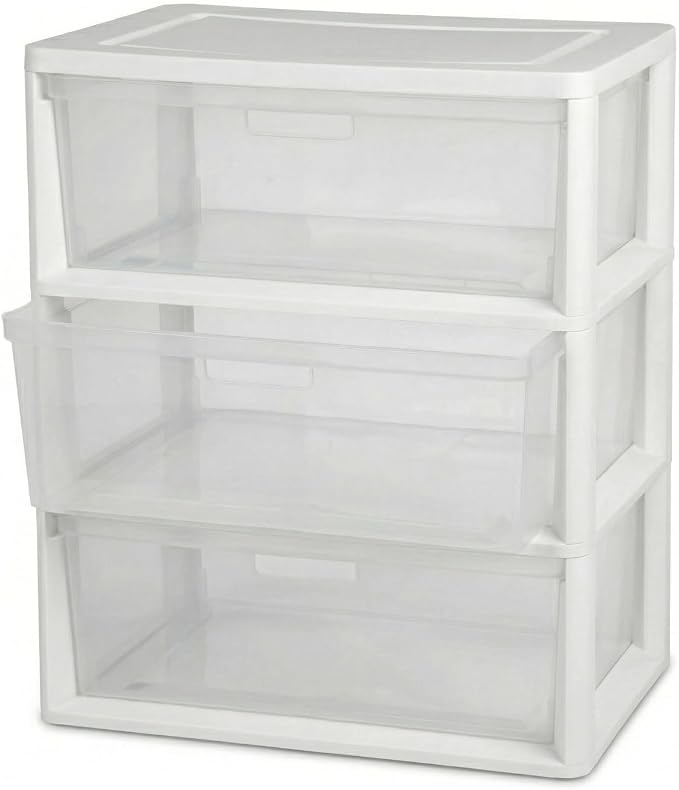 Wide 3-Drawer Plastic Storage Tower Organizer, 25.25" High, Drawer Stops & by Unknown