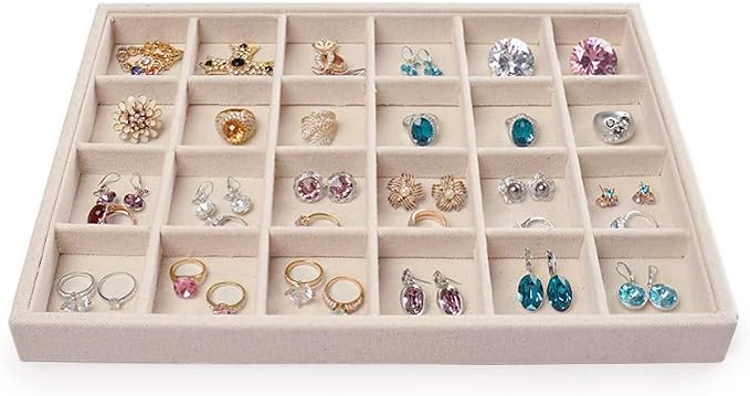 Oirlv Stackable Linen Jewelry Tray Adjustable 24 Grid Jewelry Storage Case - Image 3