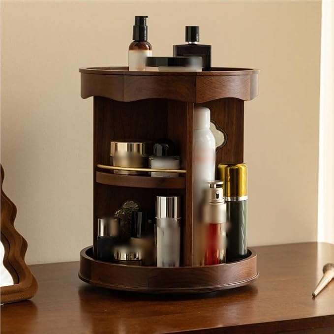 Retro 360° Rotating Makeup Organizer, 3-Tier Wooden Countertop Makeup Storage - Image 8