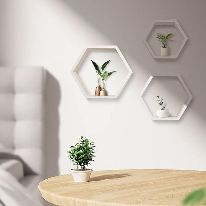 ROSE BLOOM Set of 3 White Wood Hexagon Shelves - Image 4