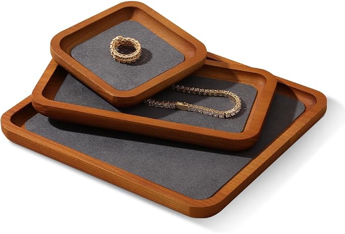 Wooden Jewelry Display Tray Rounded Rectangle Ring Showcase Stackable Elegant - Image 5