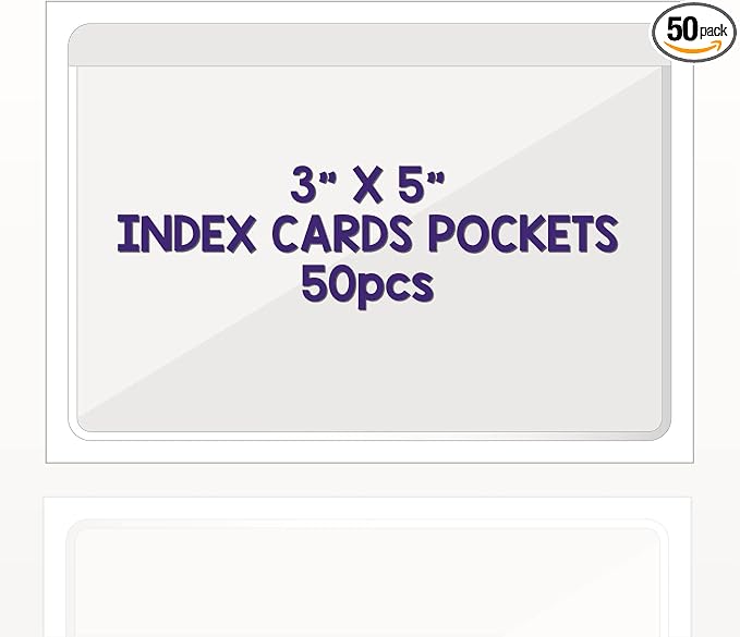 Clear Adhesive 3" x 5" Index Card Pockets, Labels Holders, 50 Pack | Top Open by IMAGAME