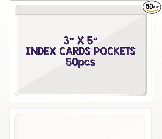 Clear Adhesive 3" x 5" Index Card Pockets, Labels Holders, 50 Pack | Top Open by IMAGAME