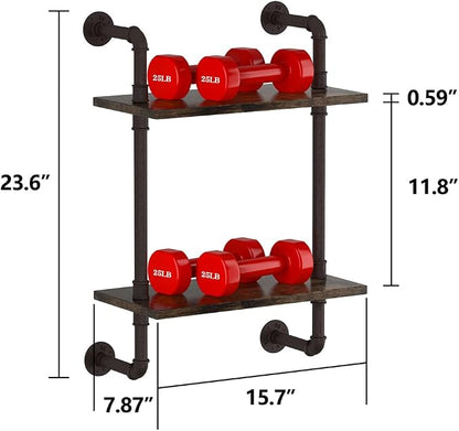 Helsin 2 Tier Industrial Pipe Floating Bathroom Shelves, 16inch Rustic Wood - Image 3
