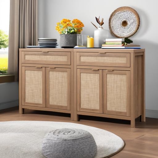 SICOTAS Sideboard Buffet Cabinet Set of 2, Rattan Credenza Storage Cabinet - Image 6