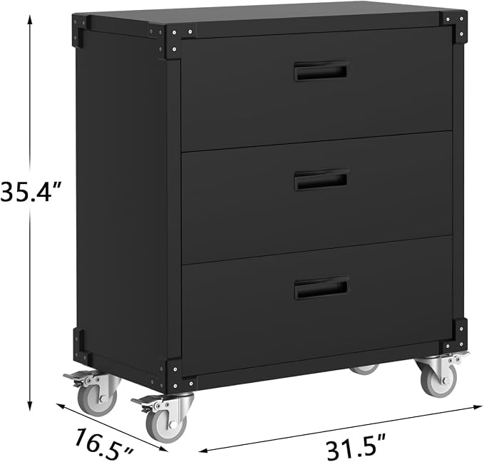 Metal Storage Cabinet with 3 Drawers on Wheels, Heavy Duty Mobile Rolling Tool - Image 2