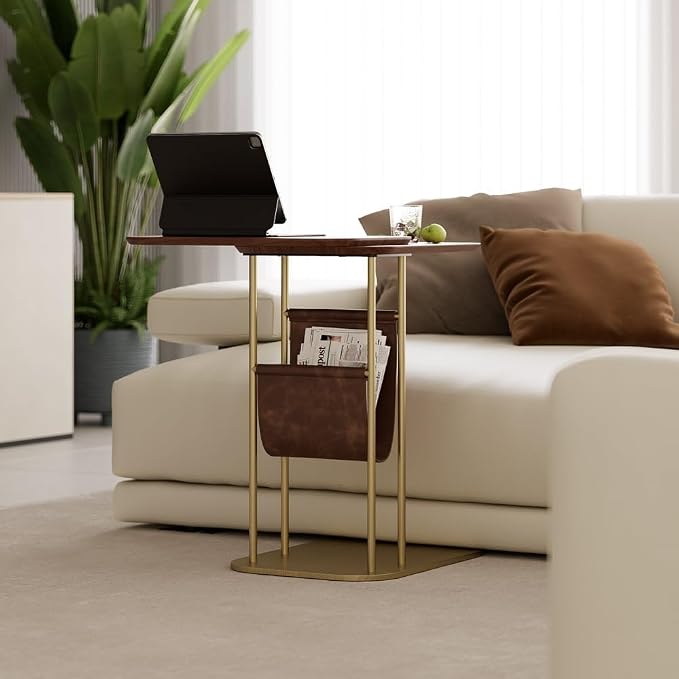 LOVEDIMA C-Shaped Walnut & Gold Rotating Side Table - Image 6