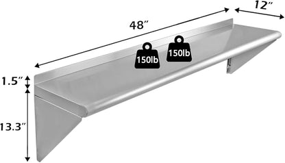 Stainless Steel Shelf 12x48 Inches, NSF Commercial Metal Wall Mounted Rack - Image 3
