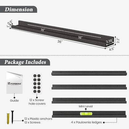Forbena 36 Inch Photo Picture Ledge Shelf Set of 4, Narrow Long Wood Wall Shelf - Image 3