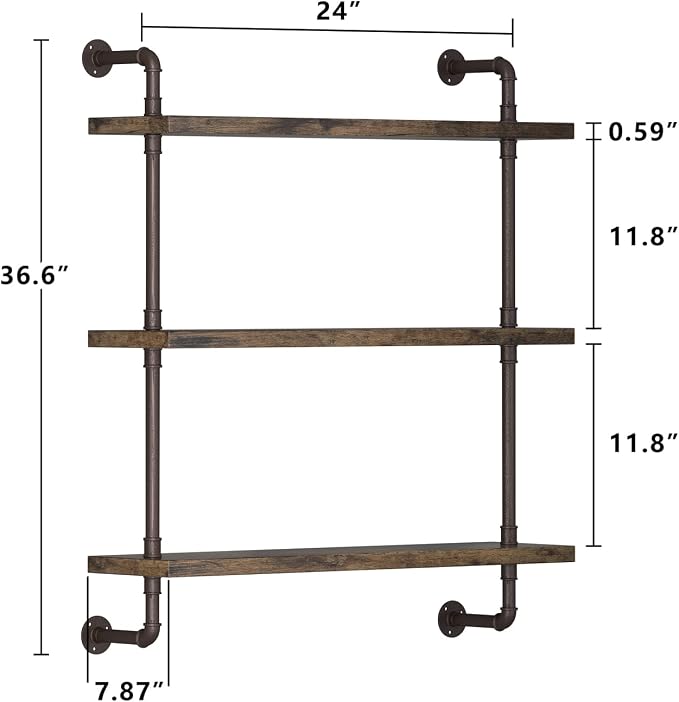 Industrial Pipe Shelf Wall Mounted, Rustic Wood Floating Shelves, 3 Tier Wall - Image 2