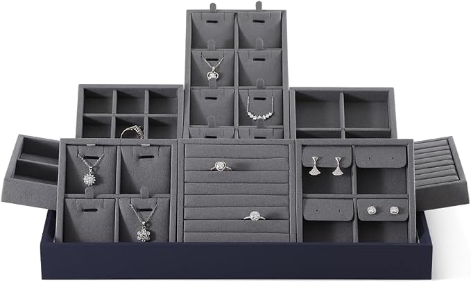 Dark Blue Jewelry Display Tray Ring Necklace Earring Bangle Organizer - Image 3