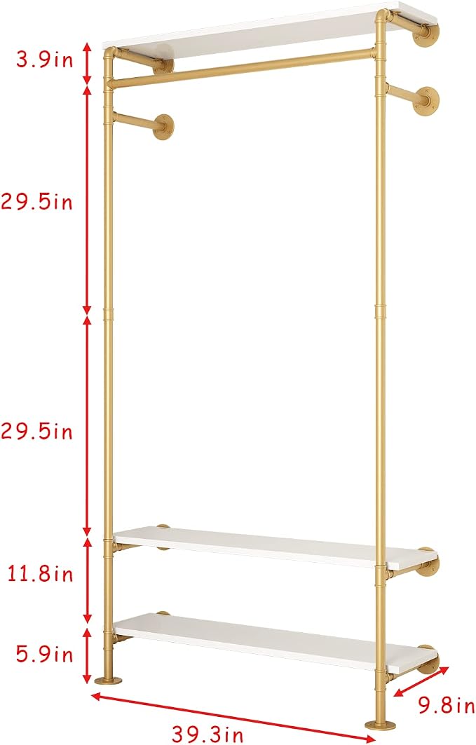 Gold Wall Clothing Racks with White Shelves, Wall Mounted Gold Clothes Rack - Image 4