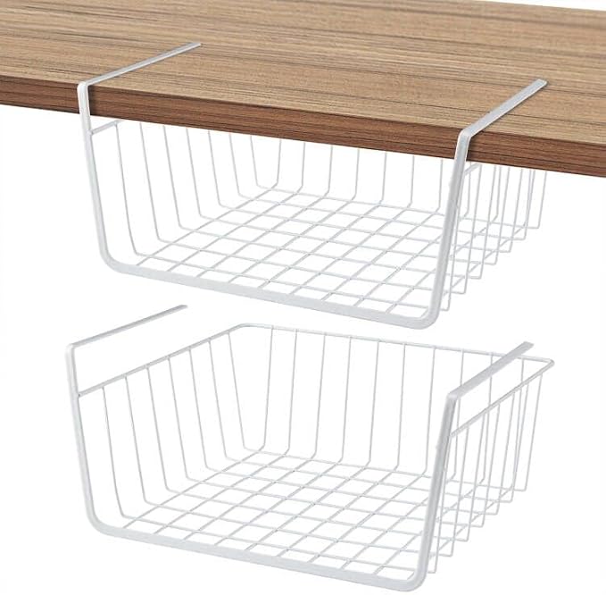 Under Shelf Basket 2 Pack Pantry Shelf Organizer White Metal Cabinet Shelf | by ELEATTRUN