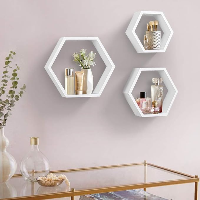ROSE BLOOM Set of 3 White Wood Hexagon Shelves - Image 6