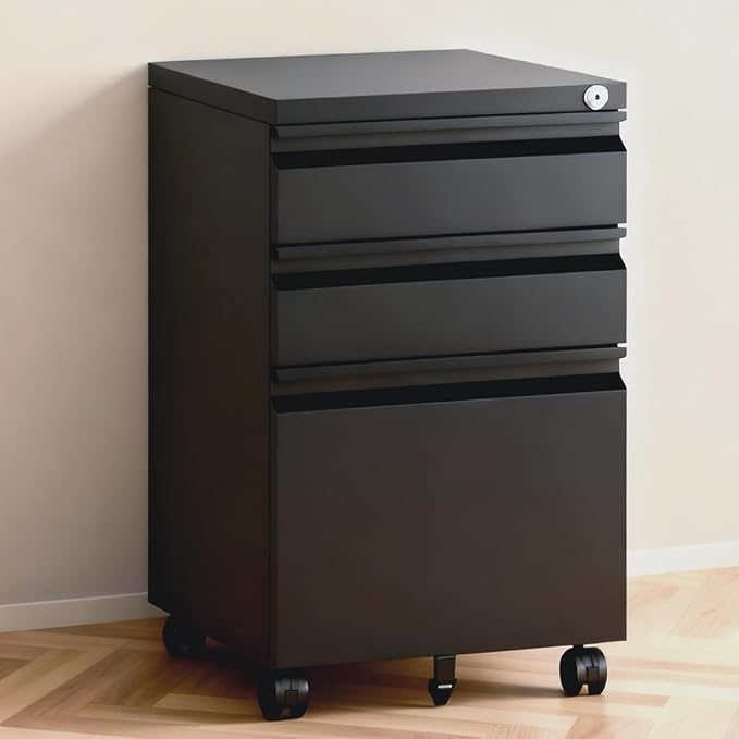 3 Drawer File Cabinet with Lock, Under Desk Rolling Small Filing Cabinet by TEEALUBAN