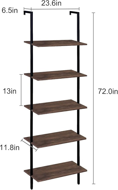 5 Tiers Ladder Shelf Brown Modern Bookshelf Open Tall Wall Mount Bookcase - Image 3