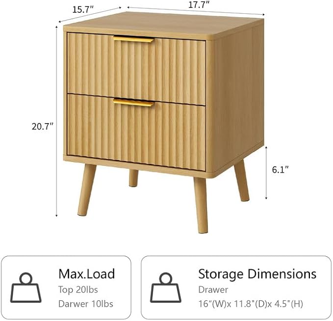CARPETNAL Fluted Nightstand, Oak Bedside Table - Image 2