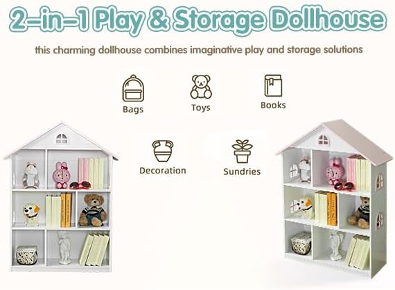 Wooden Dollhouse Bookshelf 4-Tier Kids Bookcase, Toy Storage Organizer & - Image 4