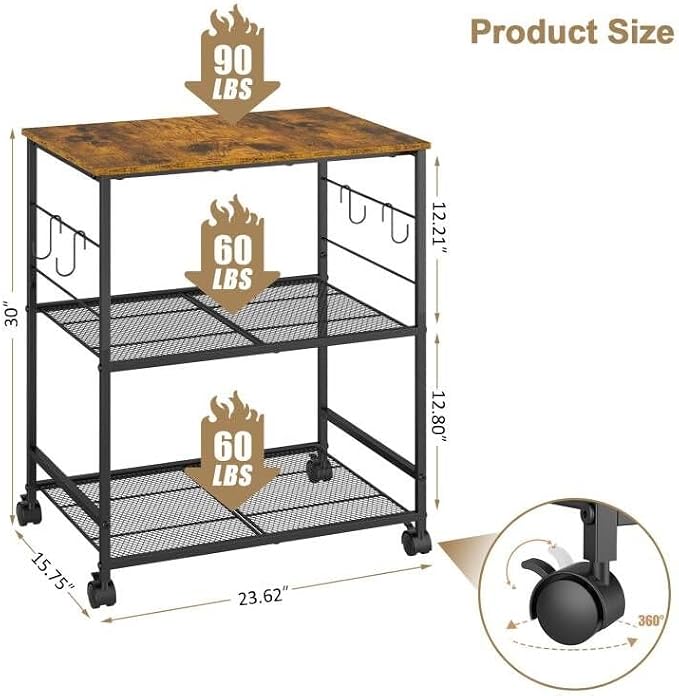 ThreeHio Rolling Kitchen Microwave Cart, 3 Tier Microwave Table Stand - Image 3
